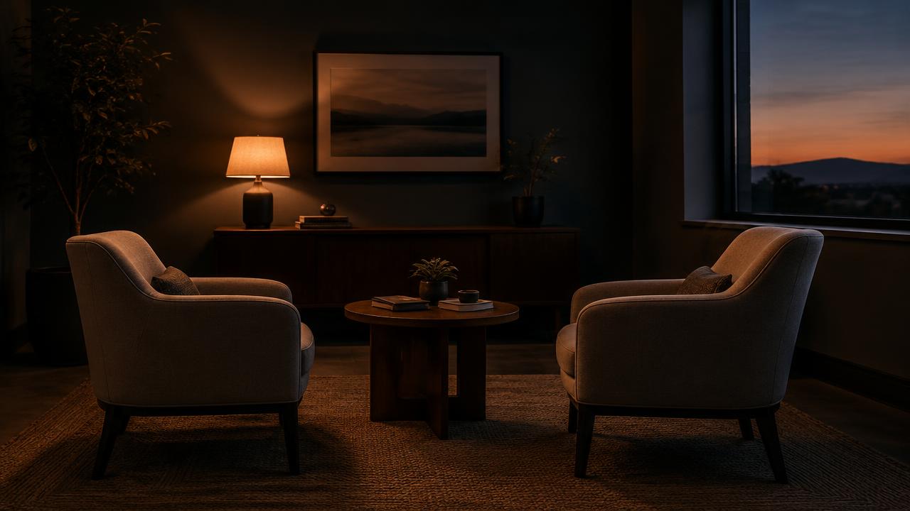 A quiet mediation room with two chairs facing a small table